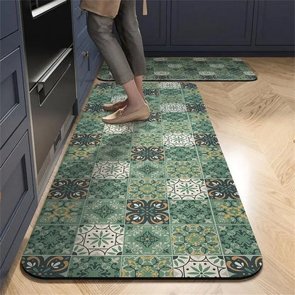 Retro Tile Kitchen Mat | Non-Slip Crystal Velvet Rug | Absorbent Washable Entryway Carpet | Brick by Brick