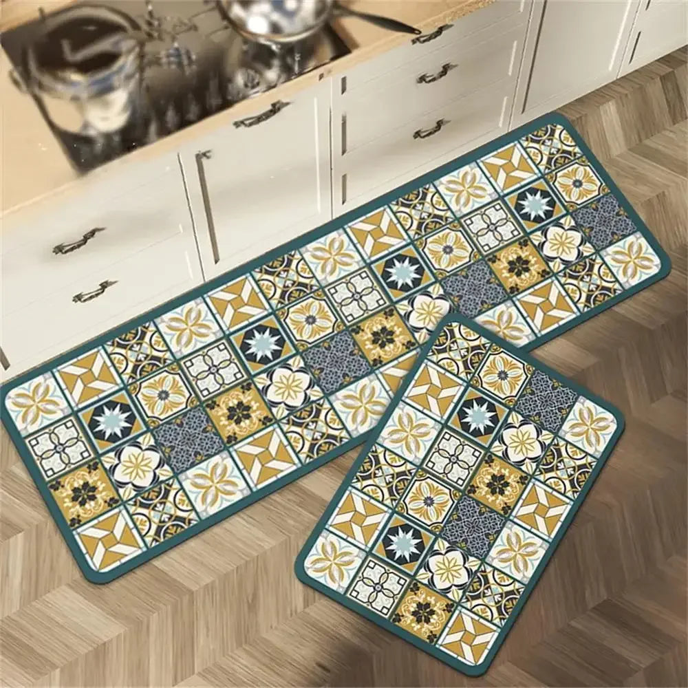 Retro Tile Kitchen Mat | Non-Slip Crystal Velvet Rug | Absorbent Washable Entryway Carpet | Brick by Brick