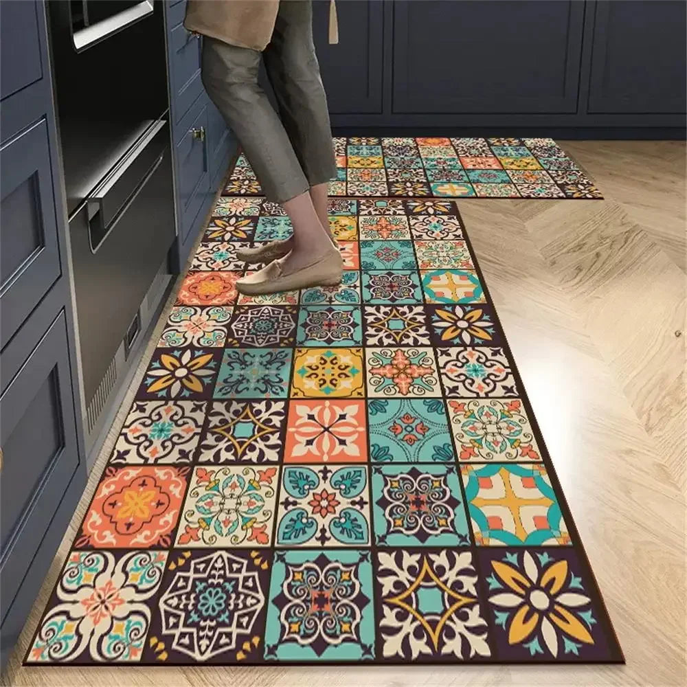 Retro Tile Kitchen Mat | Non-Slip Crystal Velvet Rug | Absorbent Washable Entryway Carpet | Brick by Brick