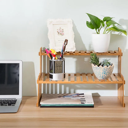 Compact Wooden Display Shelf | 18.5 × 8.3 × 11.8 in | 2-Tier Desk Organizer | Plant Stand | Brick by Brick