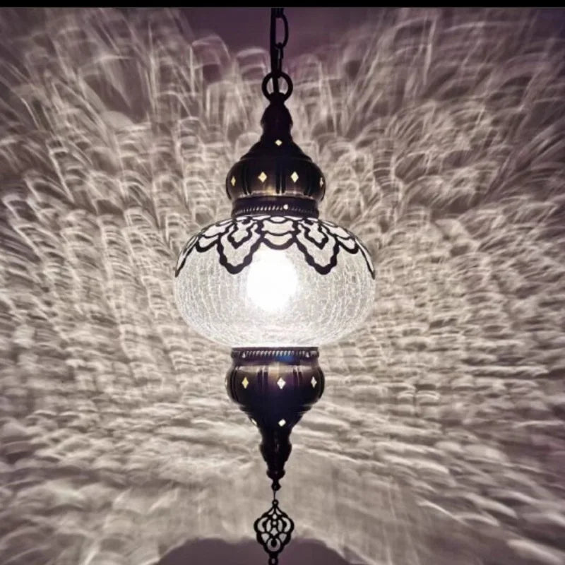 Vintage Ice Crack Glass Pendant Lamp | 7in | Hollow Carved Ceiling Light | Bronze Iron Fixture | Brick by Brick
