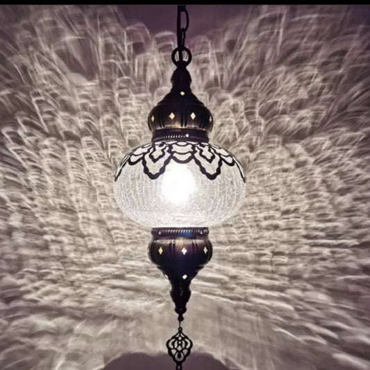 Vintage Ice Crack Glass Pendant Lamp | 7in | Hollow Carved Ceiling Light | Bronze Iron Fixture | Brick by Brick