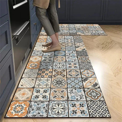 Retro Tile Kitchen Mat | Non-Slip Crystal Velvet Rug | Absorbent Washable Entryway Carpet | Brick by Brick