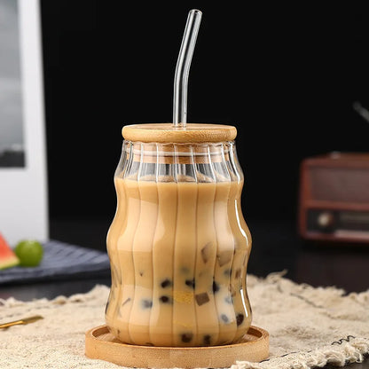 Glass Straw Cup | 5.1 H x 2.7 D in | Wave Design Drinking Glass | Heat Resistant Borosilicate | Brick by Brick
