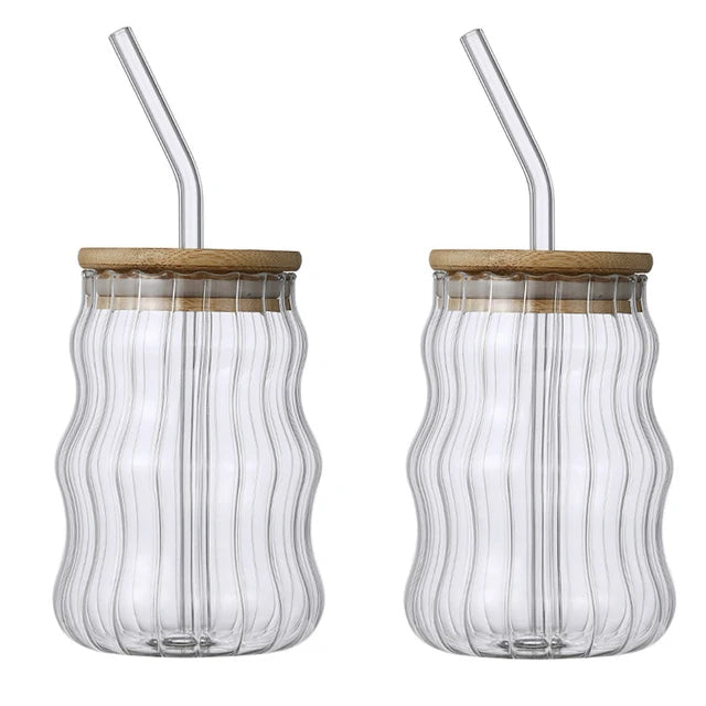 Glass Straw Cup | 5.1 H x 2.7 D in | Wave Design Drinking Glass | Heat Resistant Borosilicate | Brick by Brick