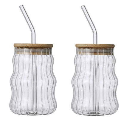 Glass Straw Cup | 5.1 H x 2.7 D in | Wave Design Drinking Glass | Heat Resistant Borosilicate | Brick by Brick