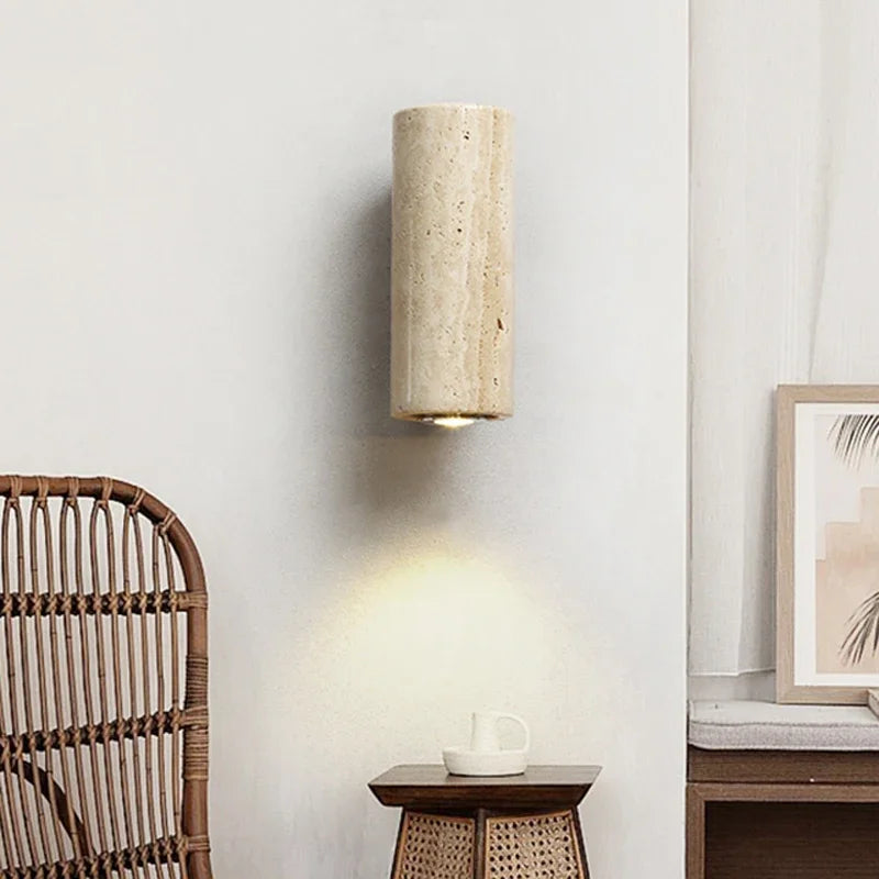 Wabi Sabi Marble Wall Lamp | 2.5 x 6.3 in | LED Bedside Sconce Light | Travertine Wood Design for Bedroom Living Room | Brick by Brick