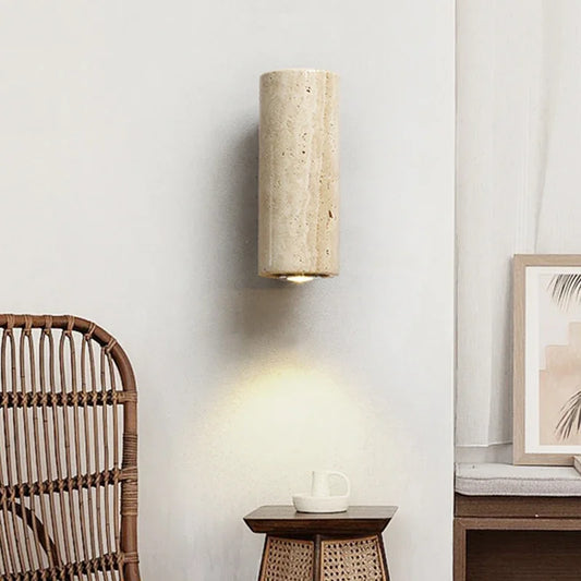 Wabi Sabi Marble Wall Lamp | 2.5 x 6.3 in | LED Bedside Sconce Light | Travertine Wood Design for Bedroom Living Room | Brick by Brick