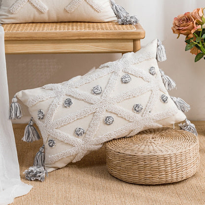 Embroidered Japandi Pillowcase | 17.72 or 19.69 in | Cotton & Linen | Soft Grey & White | Brick by Brick