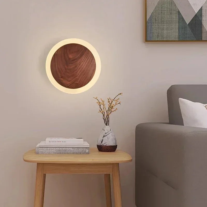 Modern LED Wall Lamp | 8.3 or 9.8 x 2in | Walnut Wood Finish | Minimalist Round Design | Brick by Brick