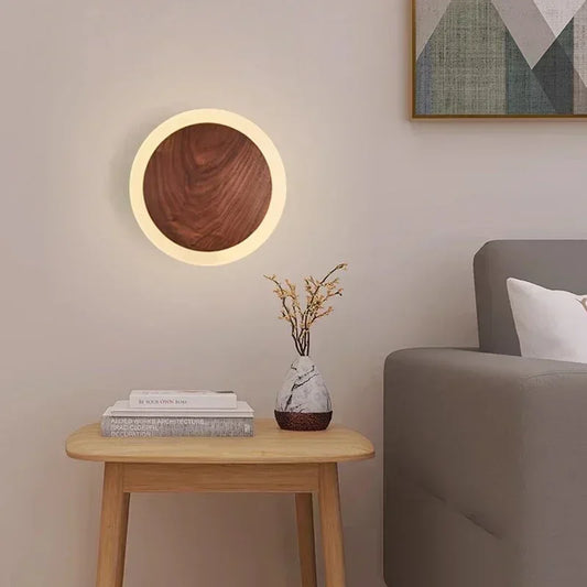 Modern LED Wall Lamp | 8.3 or 9.8 x 2in | Walnut Wood Finish | Minimalist Round Design | Brick by Brick