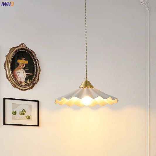 Modern Ceramic Pendant Lamp | 11.8 in | White Japanese Style Light Fixture | Copper Finish Home Lighting | Brick by Brick
