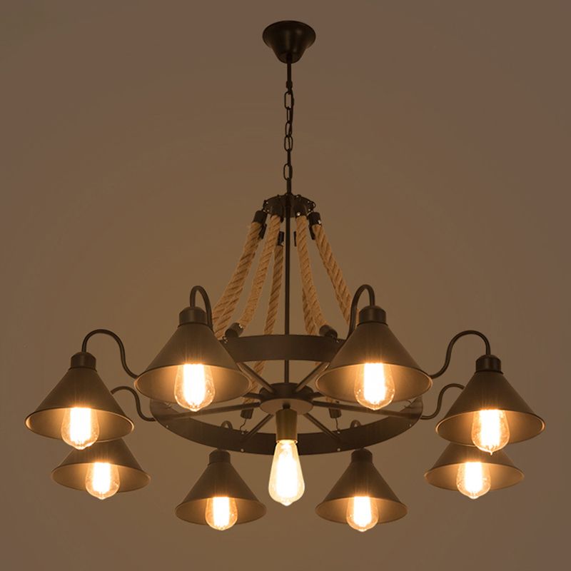 Vintage Industrial Rope Chandelier | 37.4/59 x 19.7 x 23.6 in | 9 or 17 Lights | Black Finish | Brick by Brick