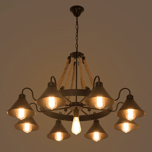 Vintage Industrial Rope Chandelier | 37.4/59 x 19.7 x 23.6 in | 9 or 17 Lights | Black Finish | Brick by Brick