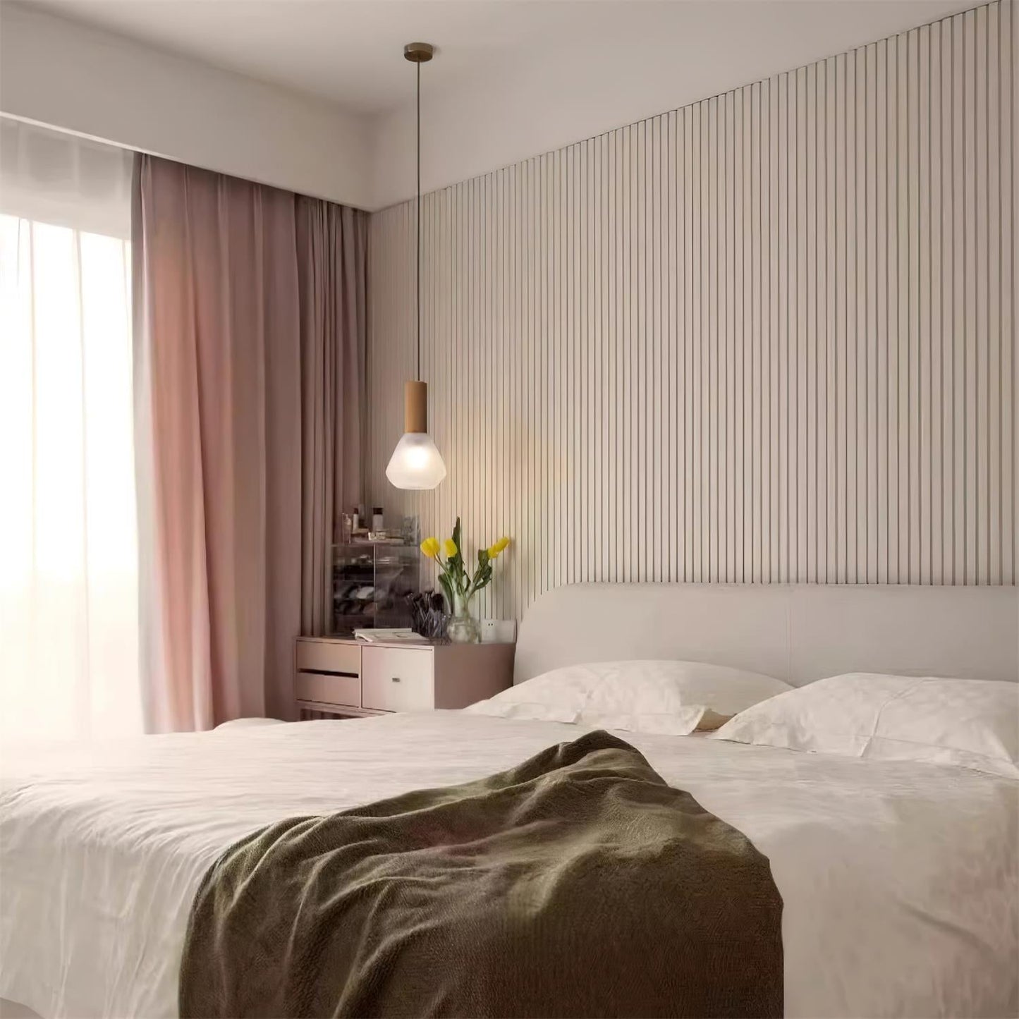 Minimalist Glass Pendant | 7.4 x 12.9 in | Frosted Shade | Wood Holder | E26/E27 Bulb | Brick by Brick