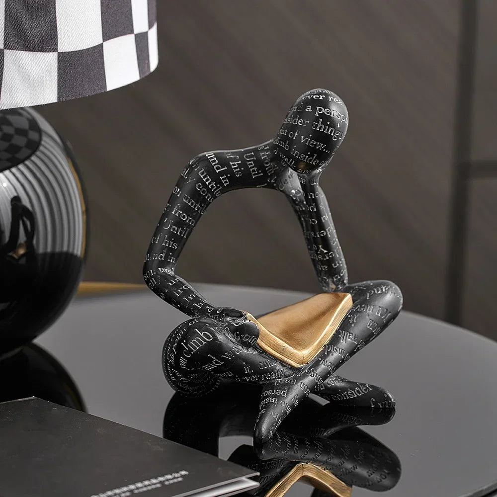 Satori Ornament Sculpture | 6.1″ Abstract Reading Figure Resin | Woven Text & Golden Book | Black or White