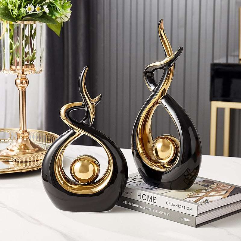 Abstract Ceramic Sculpture | Modern Decor with Gold Accents | Shelf or Desk Ornament