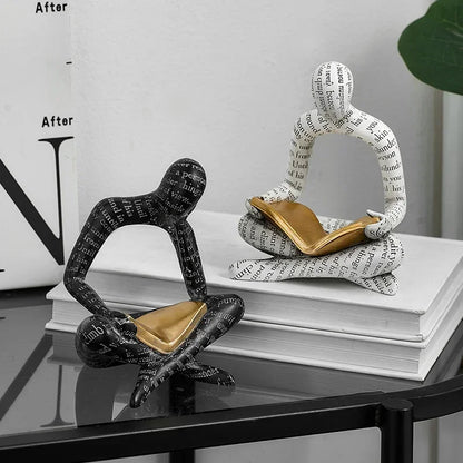 Satori Ornament Sculpture | 6.1″ Abstract Reading Figure Resin | Woven Text & Golden Book | Black or White