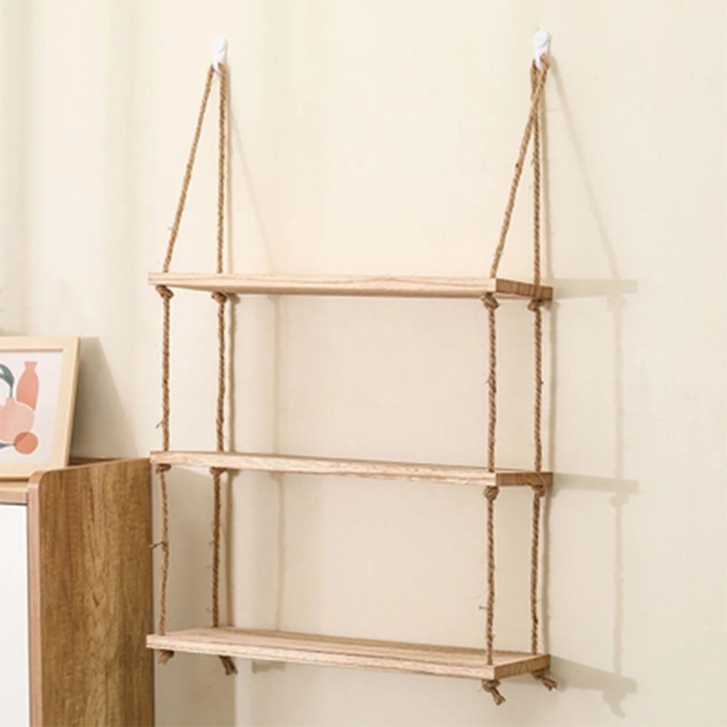 Wooden Floating Wall Shelf |11.8 × 5.9 inches | Hanging Rope Plant Display | 1/2/3-Tier Storage for Home