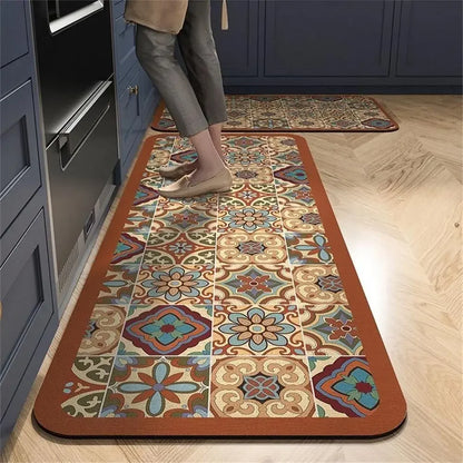 Retro Tile Kitchen Mat | Non-Slip Crystal Velvet Rug | Absorbent Washable Entryway Carpet | Brick by Brick