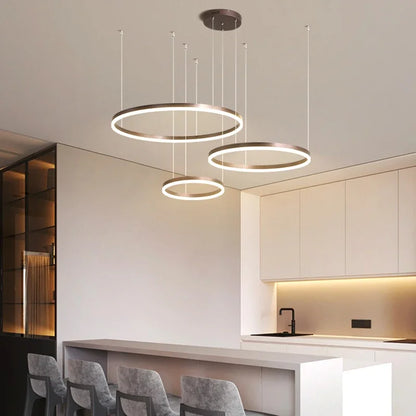 Modern LED Ring Chandelier | Brushed Circle Pendant Light | Adjustable Ceiling Suspension Lamp | Black Gold White | Brick by Brick