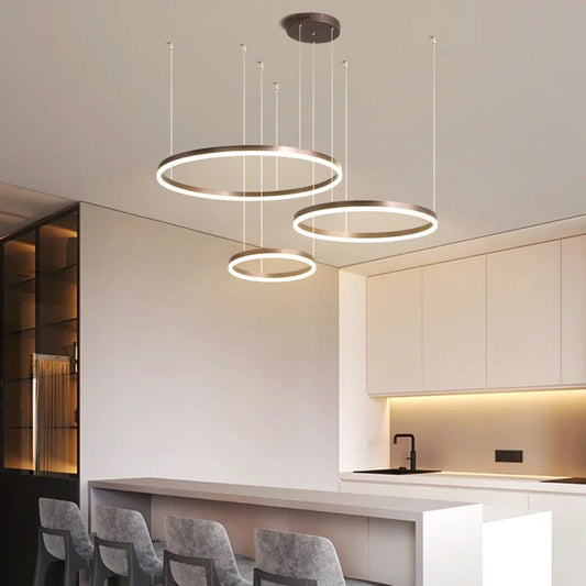 Modern LED Ring Chandelier | Brushed Circle Pendant Light | Adjustable Ceiling Suspension Lamp | Black Gold White | Brick by Brick