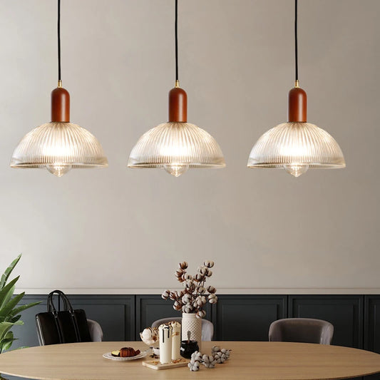 Retro Glass Pendant Light | 7.9in or 9.8in | Nordic Wood Hanging Lamp | Vintage Modern Ceiling Fixture | Brick by Brick