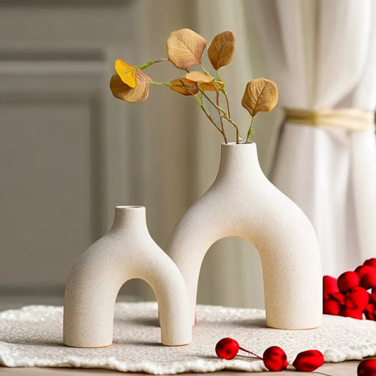 Sculptural Ceramic Flower Vase – Unique Arching Design for Modern Home Decor, Neutral Color and Sandy Texture 0