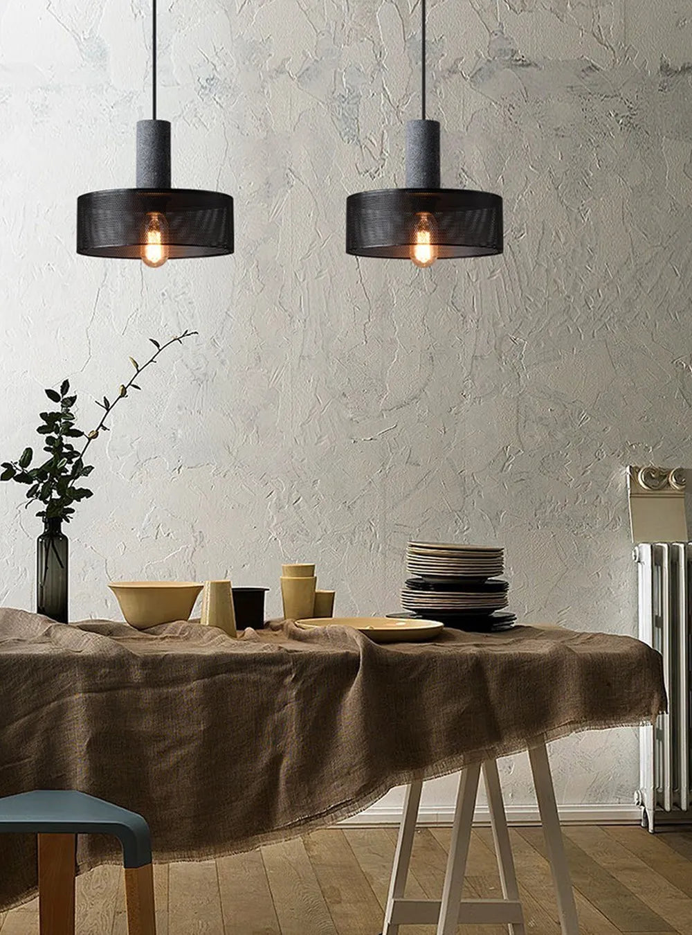 Retro Pendant Lamp | Cement and Iron Birdcage Shade | Hanging Light Fixture | E27 Socket | Brick by Brick