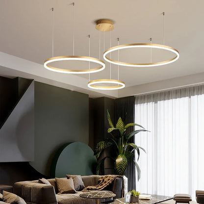 Modern LED Ring Chandelier | Brushed Circle Pendant Light | Adjustable Ceiling Suspension Lamp | Black Gold White | Brick by Brick