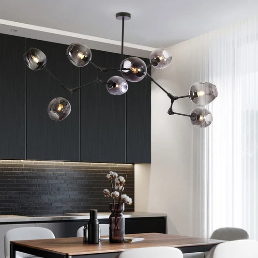 Glass Chandelier | 42.3 - 86.6 in | Modern Pendant Lamp | E27 Bulb Fixture | Adjustable Multi-Head Lighting | Brick by Brick
