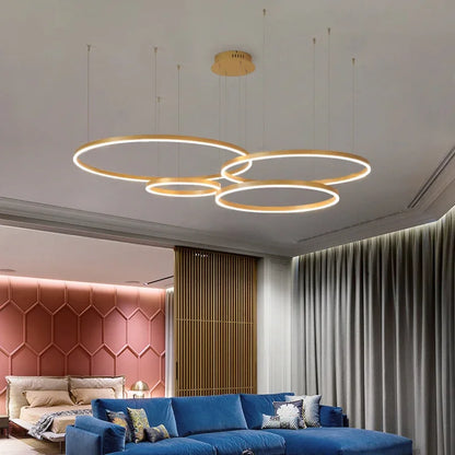 Modern LED Ring Chandelier | Brushed Circle Pendant Light | Adjustable Ceiling Suspension Lamp | Black Gold White | Brick by Brick