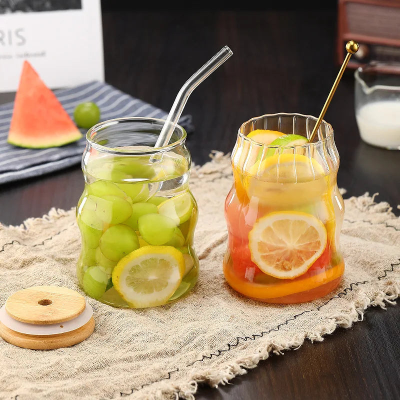 Glass Straw Cup | 5.1 H x 2.7 D in | Wave Design Drinking Glass | Heat Resistant Borosilicate | Brick by Brick