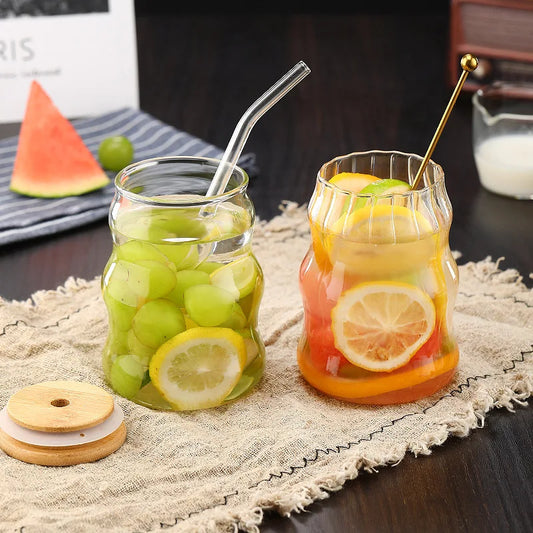Glass Straw Cup | 5.1 H x 2.7 D in | Wave Design Drinking Glass | Heat Resistant Borosilicate | Brick by Brick