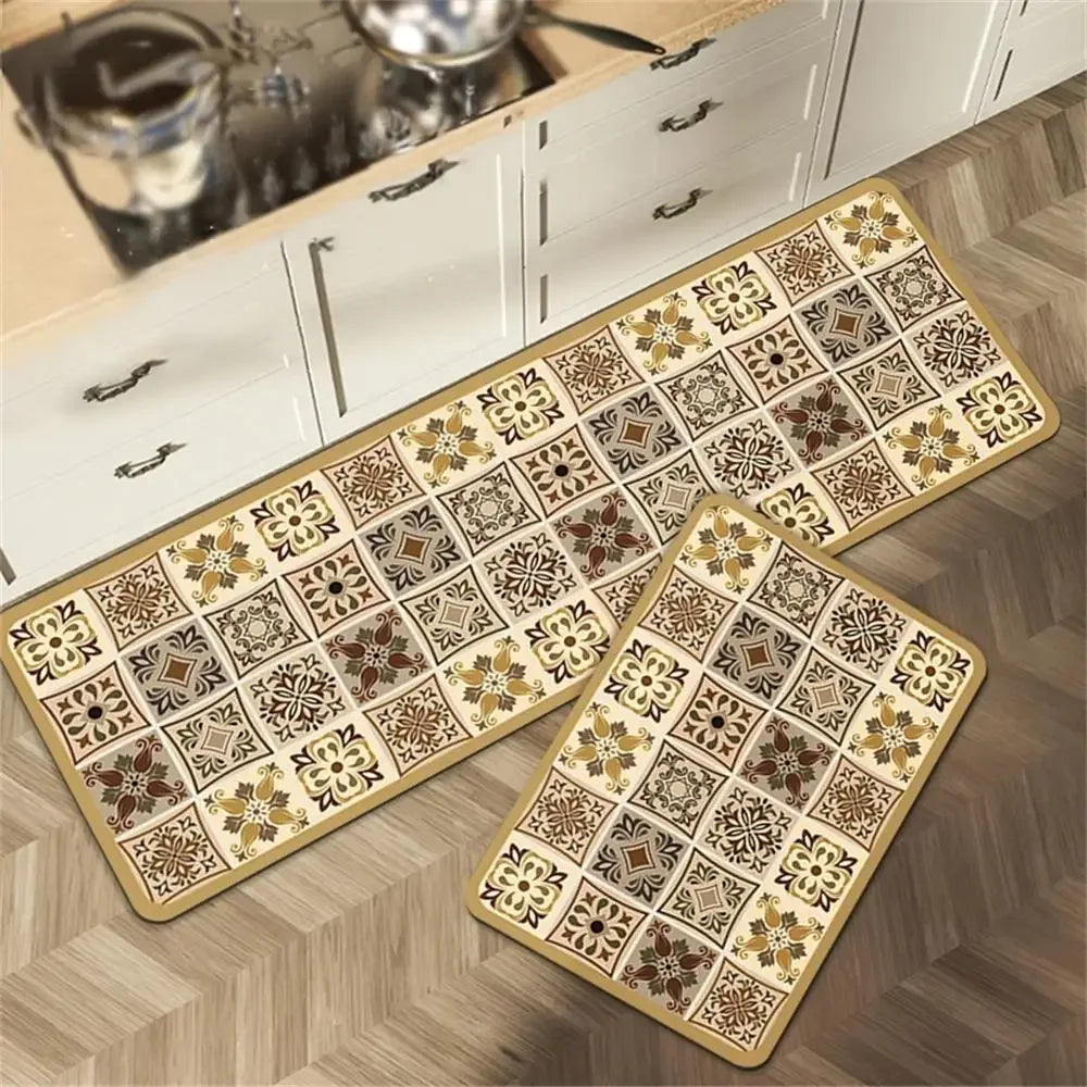 Retro Tile Kitchen Mat | Non-Slip Crystal Velvet Rug | Absorbent Washable Entryway Carpet | Brick by Brick