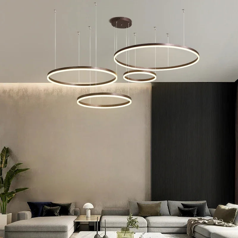 Modern LED Ring Chandelier | Brushed Circle Pendant Light | Adjustable Ceiling Suspension Lamp | Black Gold White | Brick by Brick
