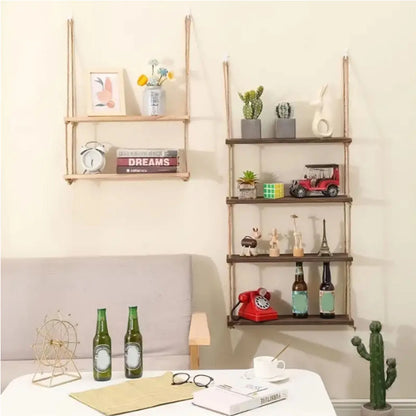 Wooden Floating Wall Shelf |11.8 × 5.9 inches | Hanging Rope Plant Display | 1/2/3-Tier Storage for Home