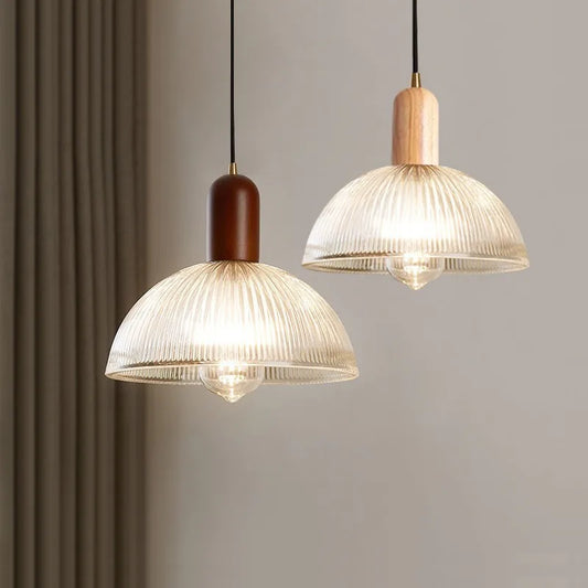 Retro Glass Pendant Light | 7.9in or 9.8in | Nordic Wood Hanging Lamp | Vintage Modern Ceiling Fixture | Brick by Brick