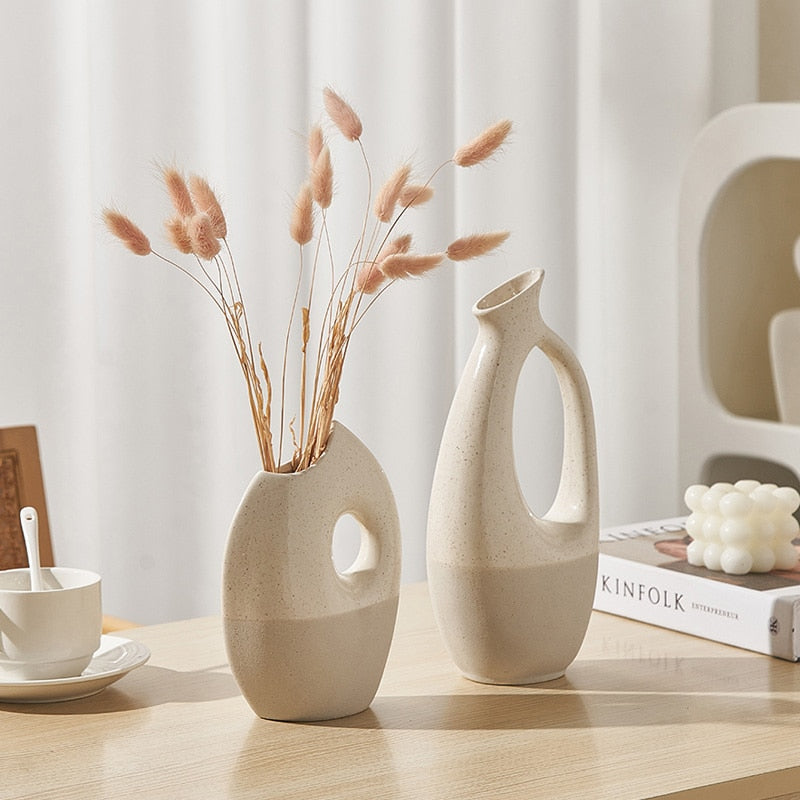 Japandi Pitcher Vase | H6.89 or 10.35 in | Ceramic Home Décor | White Porcelain | Hand-Painted Accent | Brick by Brick