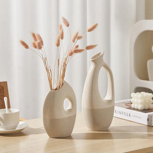 Japandi Pitcher Vase | H6.89 or 10.35 in | Ceramic Home Décor | White Porcelain | Hand-Painted Accent | Brick by Brick