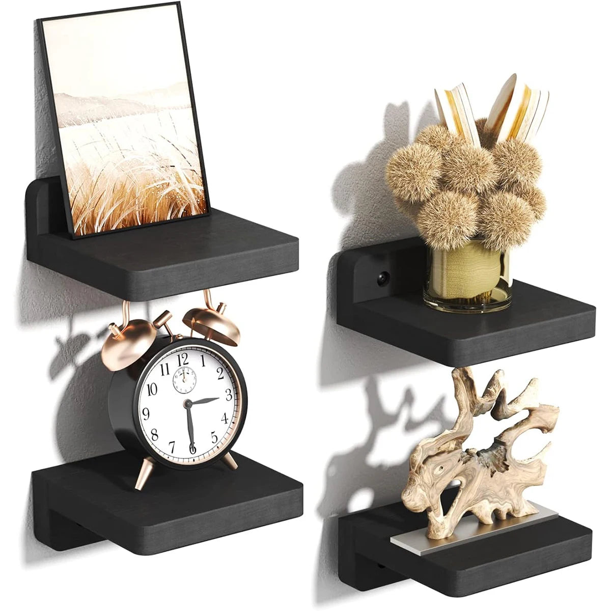 Mini Wooden Floating Shelves | 5 × 5 in | 4-Pack Wall Ledges | Rustic Home Display