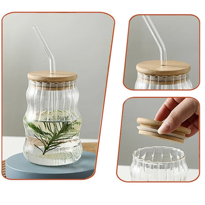 Glass Straw Cup | 5.1 H x 2.7 D in | Wave Design Drinking Glass | Heat Resistant Borosilicate | Brick by Brick