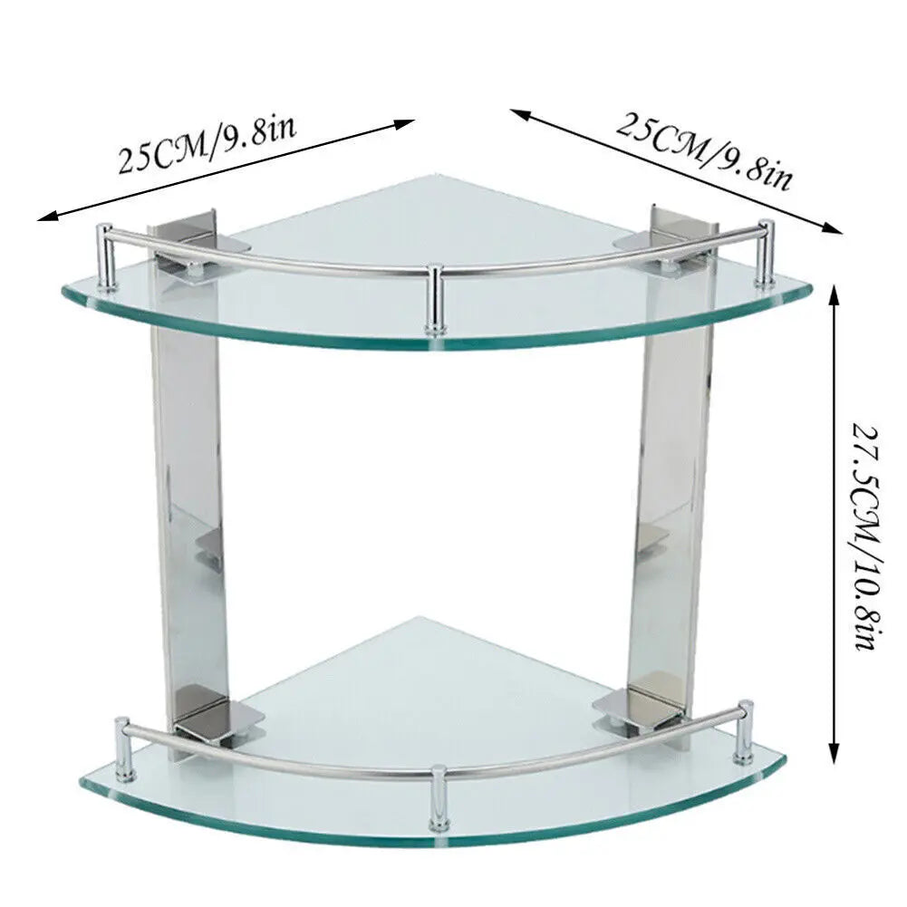 Clear Glass Corner Shower Shelf | 9.8 × 9.8 in | 2 or 3 Tier | Wall Mounted Bathroom Storage | Brick by Brick