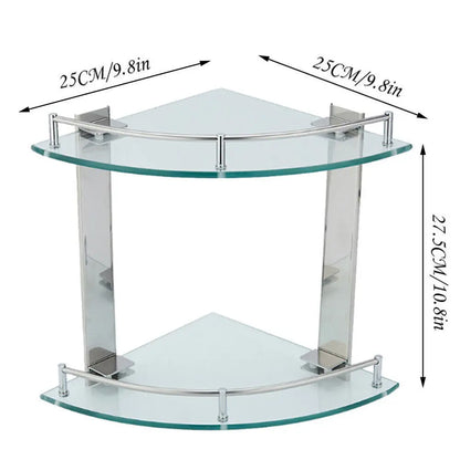 Clear Glass Corner Shower Shelf | 9.8 × 9.8 in | 2 or 3 Tier | Wall Mounted Bathroom Storage | Brick by Brick