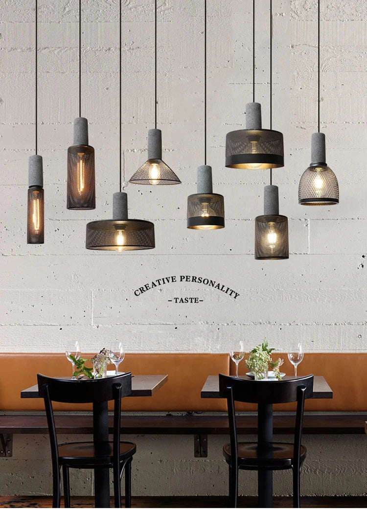 Retro Pendant Lamp | Cement and Iron Birdcage Shade | Hanging Light Fixture | E27 Socket | Brick by Brick