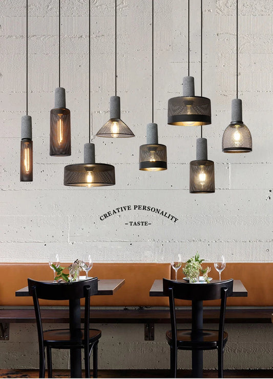 Retro Pendant Lamp | Cement and Iron Birdcage Shade | Hanging Light Fixture | E27 Socket | Brick by Brick