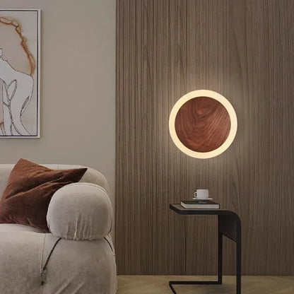 Modern LED Wall Lamp | 8.3 or 9.8 x 2in | Walnut Wood Finish | Minimalist Round Design | Brick by Brick