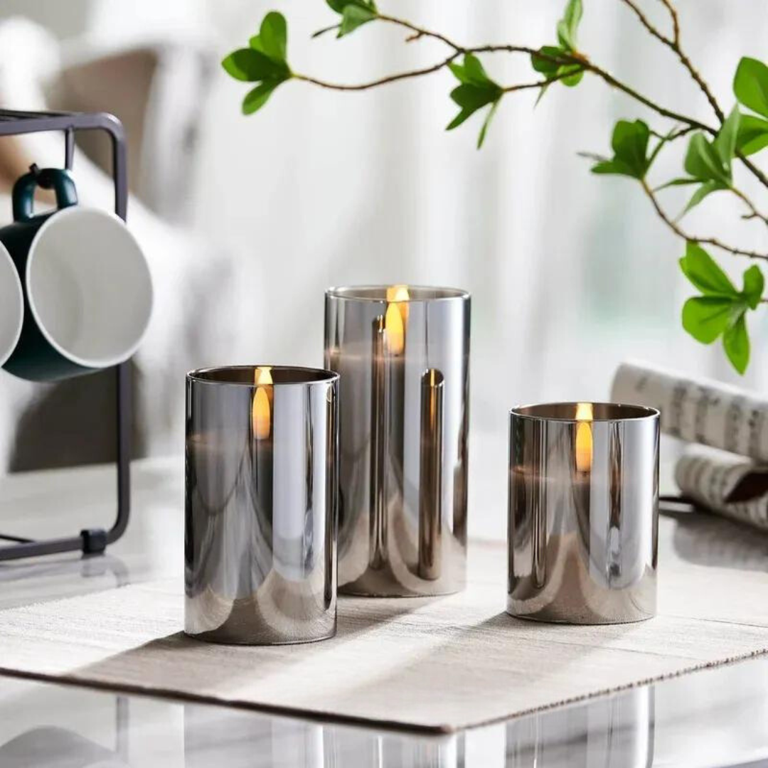 Flameless LED Candles | Table Lamp | 3-Piece Set | Realistic Flickering Glow | Metallic Finish | Brick by Brick