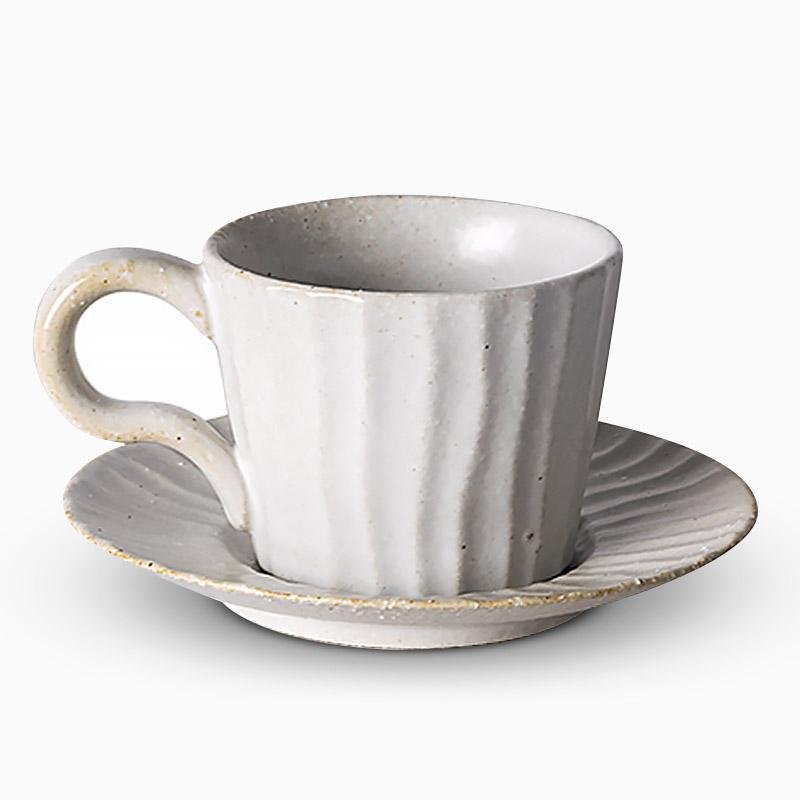 White Stoneware Coffee Mug Set |  3"x3" Cup, 6" Saucer | Ceramic Cup | Splatter Design | Brick by Brick