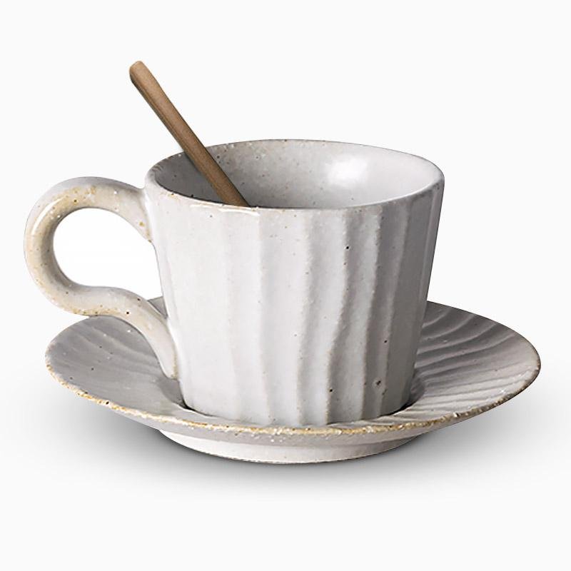 White Stoneware Coffee Mug Set |  3"x3" Cup, 6" Saucer | Ceramic Cup | Splatter Design | Brick by Brick